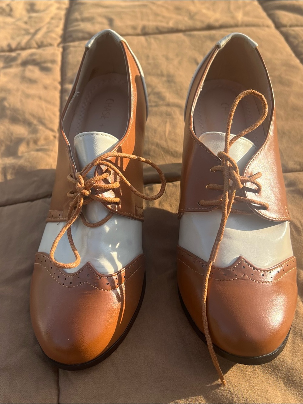 Chase + Chloe Brown/White Vintage Look Lace Up Heeled Wingtip Oxfords